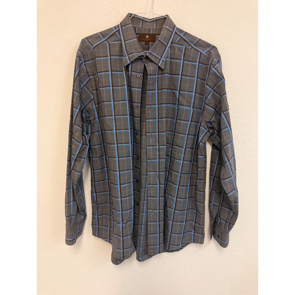 Toscano Mens XL Long Sleeve Button Down Shirt Grey Blue Brown Plaid Cotton
